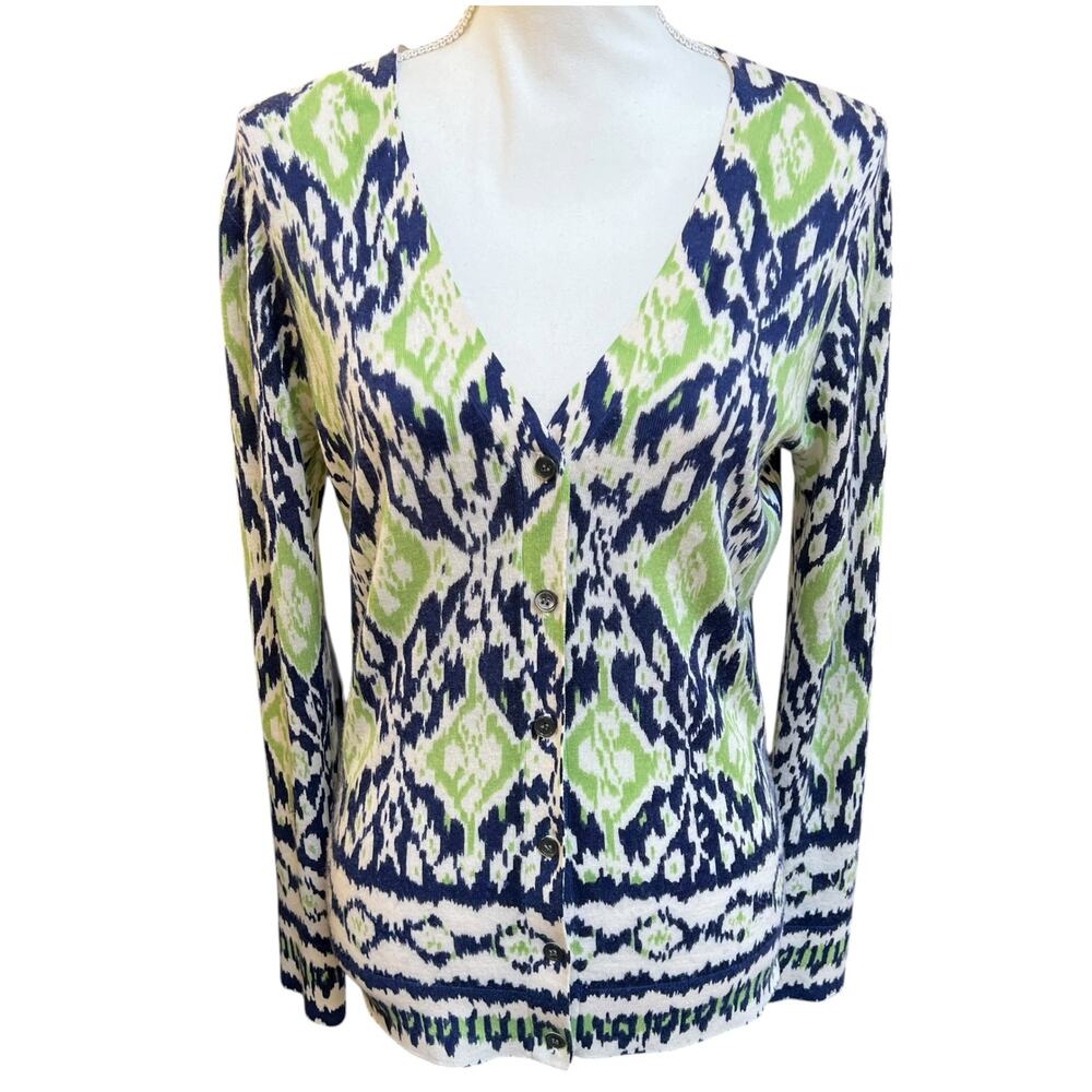 Neiman Marcus Cashmere Collection Cardigan Size M Navy Green Button Front